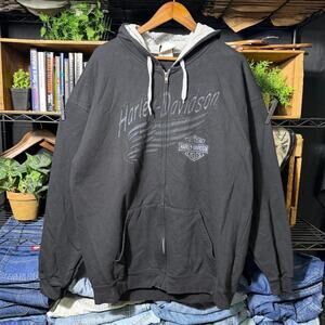 Harley Davidson Zip Up Hoodie Black Gray Spellout Eagle Biker Sweatshirt Mens XL